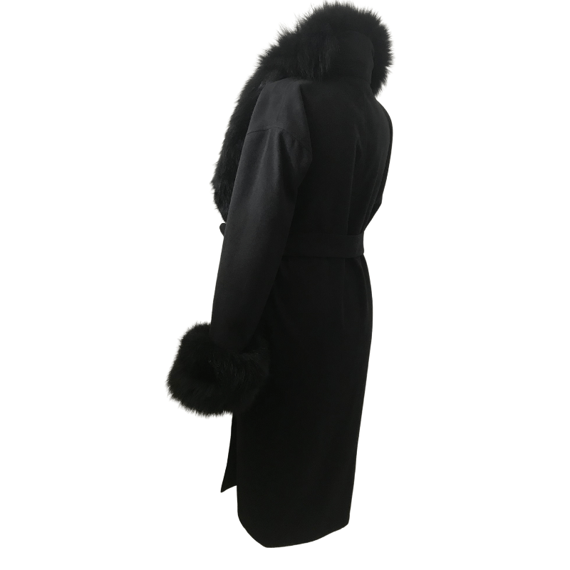 Black coat cashmere trim arctic fox fur
