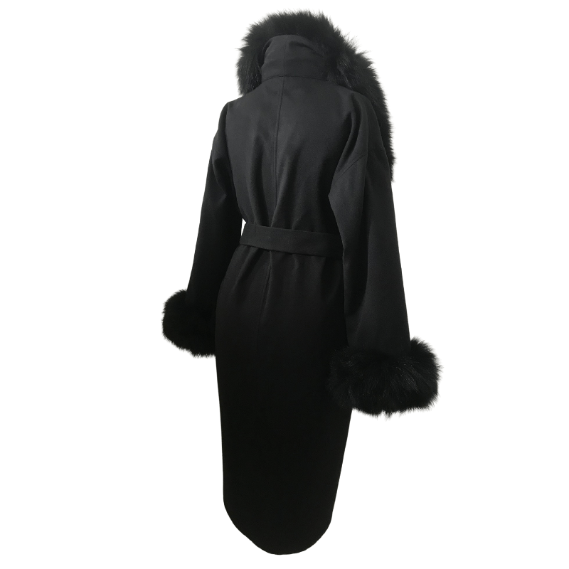 Black coat cashmere trim arctic fox fur