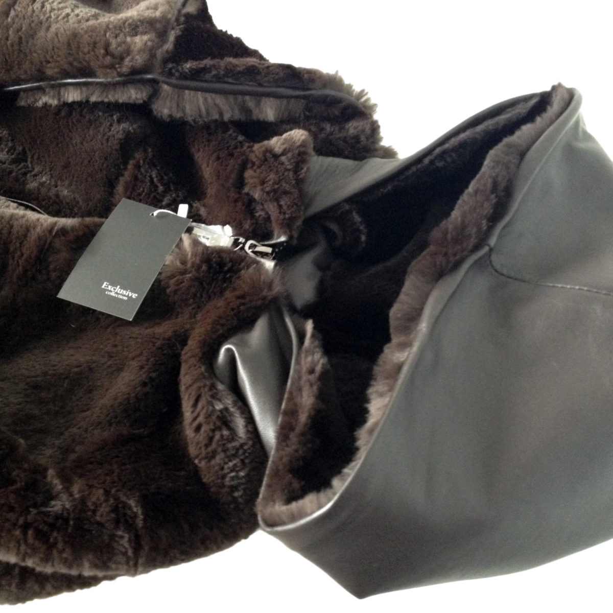Brown coat chinchilla rex rabbit fur and leather