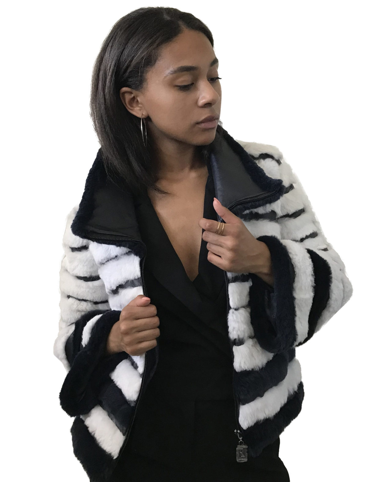 Navy / White coat rabbit fur and leather