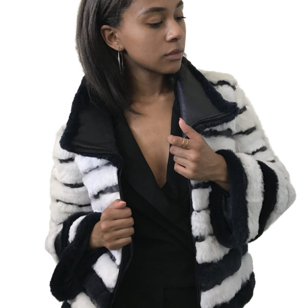 Navy / White coat rabbit fur and leather
