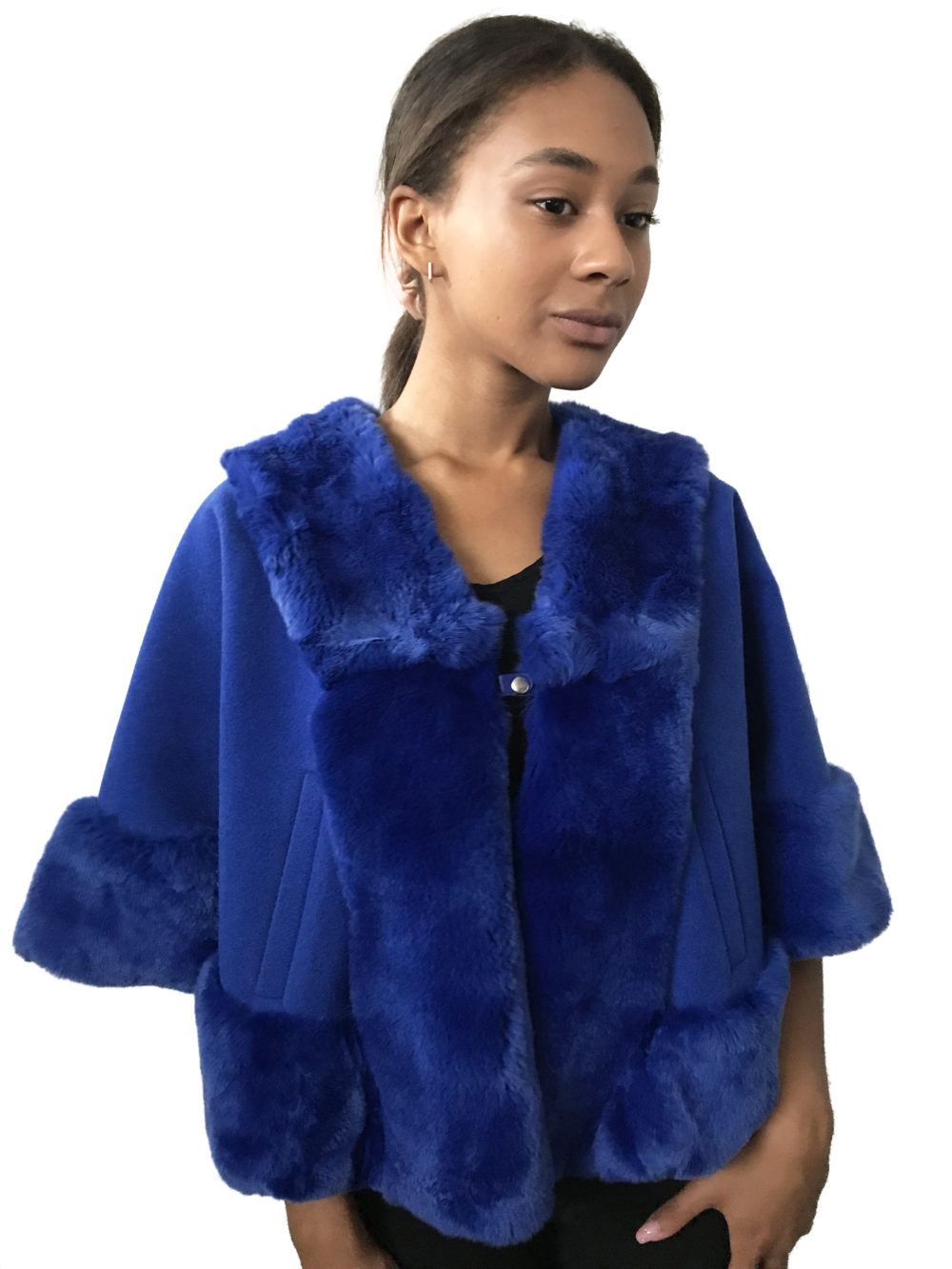 Royal Blue Cape Coat Cashmere Trim Chinchilla Rex Rabbit Fur - RizhikOva