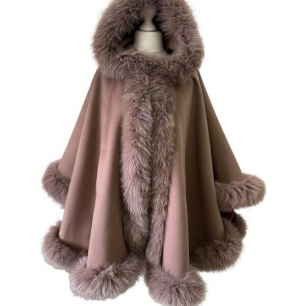 Camel Women Winter Cashmere Coat Cape Trim Fox Fur, Light Brown Winter Women's Poncho Jacket lined, Tan Warm Women's coat with a hood