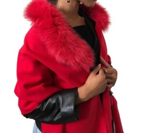 Red Women Scarf Stole Cape Wrap Trim Fox Fur, Extra Large Shawl, Winter Gift, Cashmere Woolen blend Cape Scarf