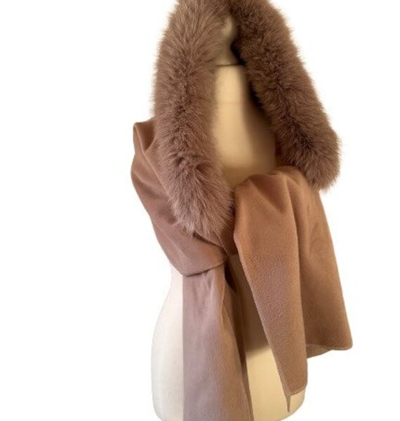 Camel Women Scarf Stole Cape Wrap Trim Fox Fur, Extra Large Shawl, Winter Gift, Cashmere Woolen blend Cape Scarf