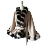 Beige Women Elegant Event Belted Coat Cape Trim Fox Fur Handmade Handmade Products - Image 7