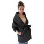 Black Long Lagre Wide Scarf Puffer 20x80 inch with 2 pocket and Belt. Cape around shoulders wrap. Winter quilted shawl. Warm padded scarf. Down puffy scarves.  Handmade Products