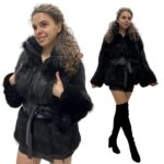 Women's Black Fox Fur and Genuine Leather Coat with Zipper and Belt – Elegant and Luxurious (S)  Handmade Products
